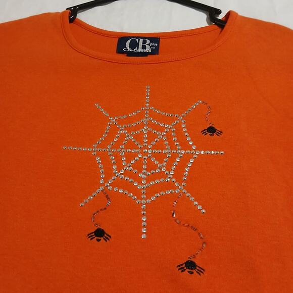 C.B Casual Plus 1X Pumpkin Colored Metallic Spider Web 3/4-Sleeve Knit Shirt - Picture 6 of 13